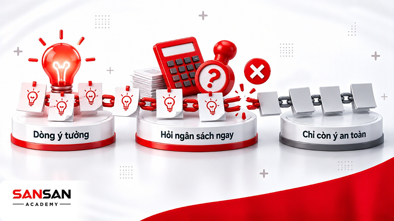 Chuỗi ý tưởng Brainstorming đứt gãy khi bị hỏi ngân sách quá sớm, phần sau chỉ còn vài phương án an toàn