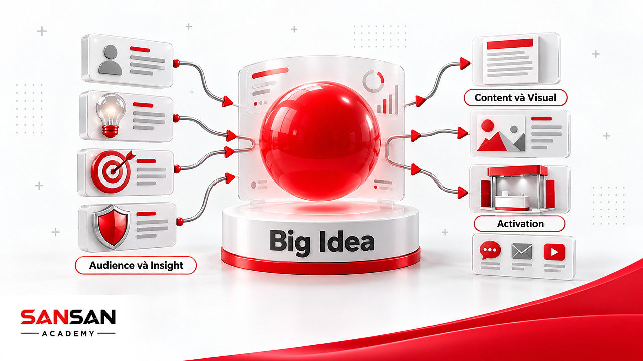 Audience, Insight, mục tiêu và giá trị thương hiệu gom về Big Idea khi Brainstorming rồi tỏa ra Content, Visual, Channel
