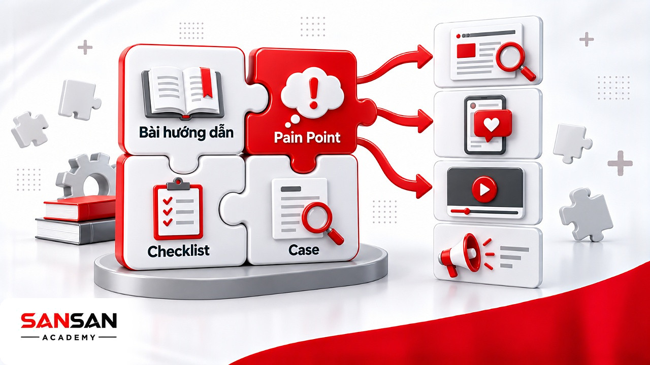 Mảnh ghép Brainstorming nối ý tưởng hướng dẫn với case và checklist, cạnh một pain point mở ra nhiều đầu ra