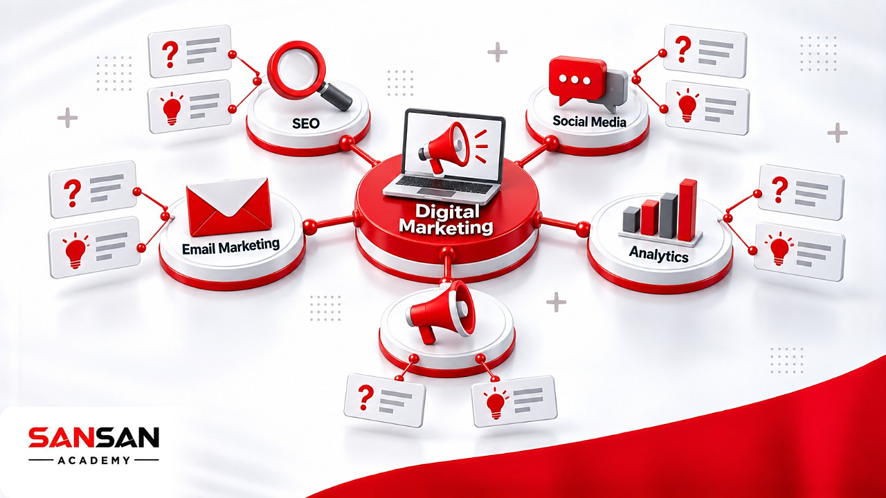 Sơ đồ tư duy Brainstorming với chủ đề Digital Marketing ở giữa và các nhánh SEO, Social Media, Email, Analytics