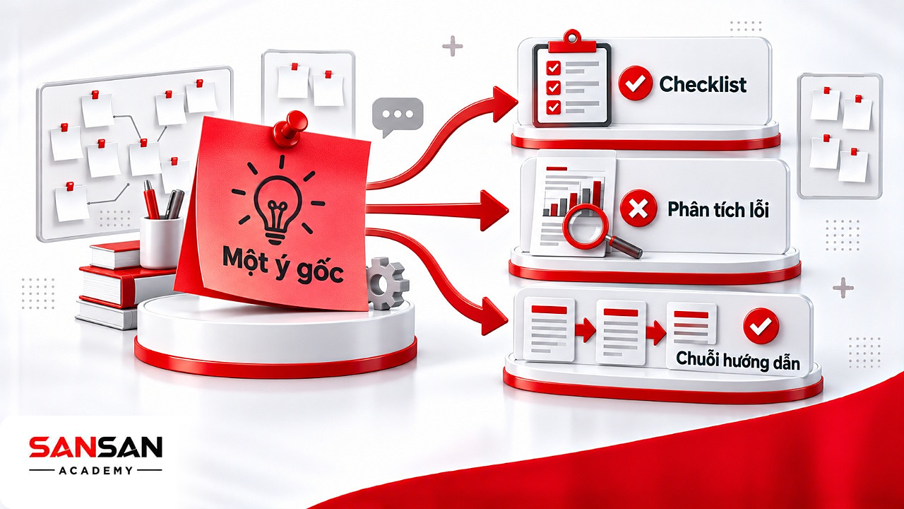Một ý tưởng gốc trong Brainstorming tỏa nhánh thành checklist, bài phân tích lỗi và chuỗi content hướng dẫn