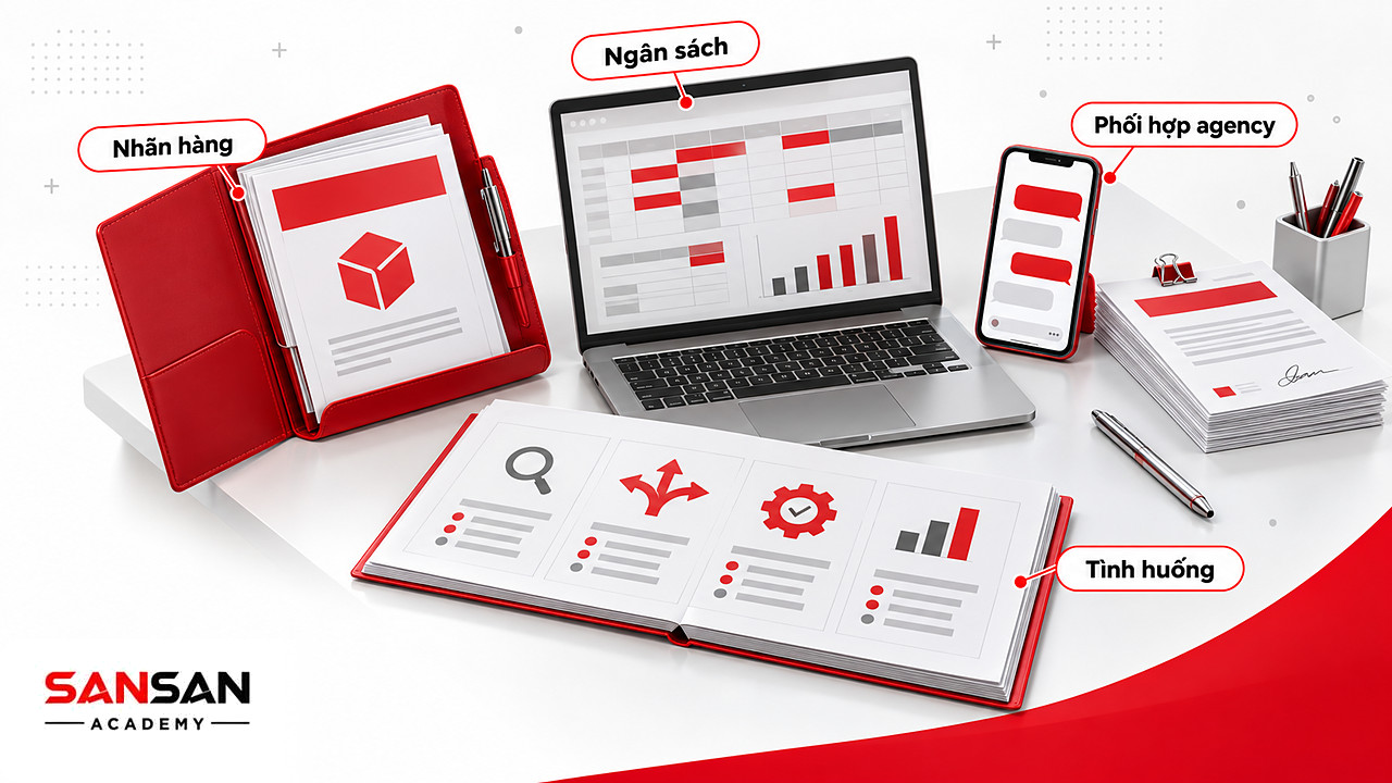 Bàn làm việc có hồ sơ nhãn hàng, laptop theo dõi ngân sách, điện thoại trao đổi agency và báo cáo của Brand Manager.
