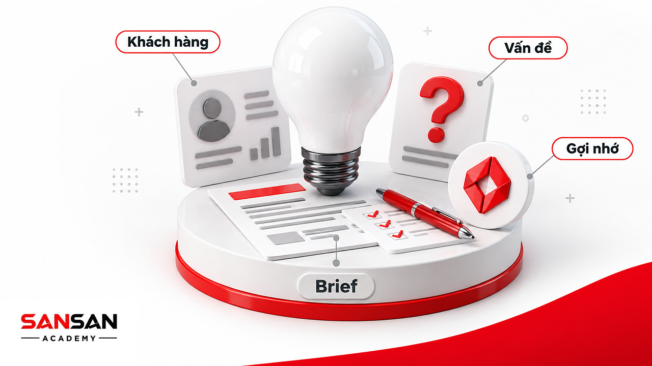 Bóng đèn lớn trên bản brief nối với hồ sơ khách hàng, thẻ vấn đề và logo, tiêu chí Brand Manager chọn ý tưởng.