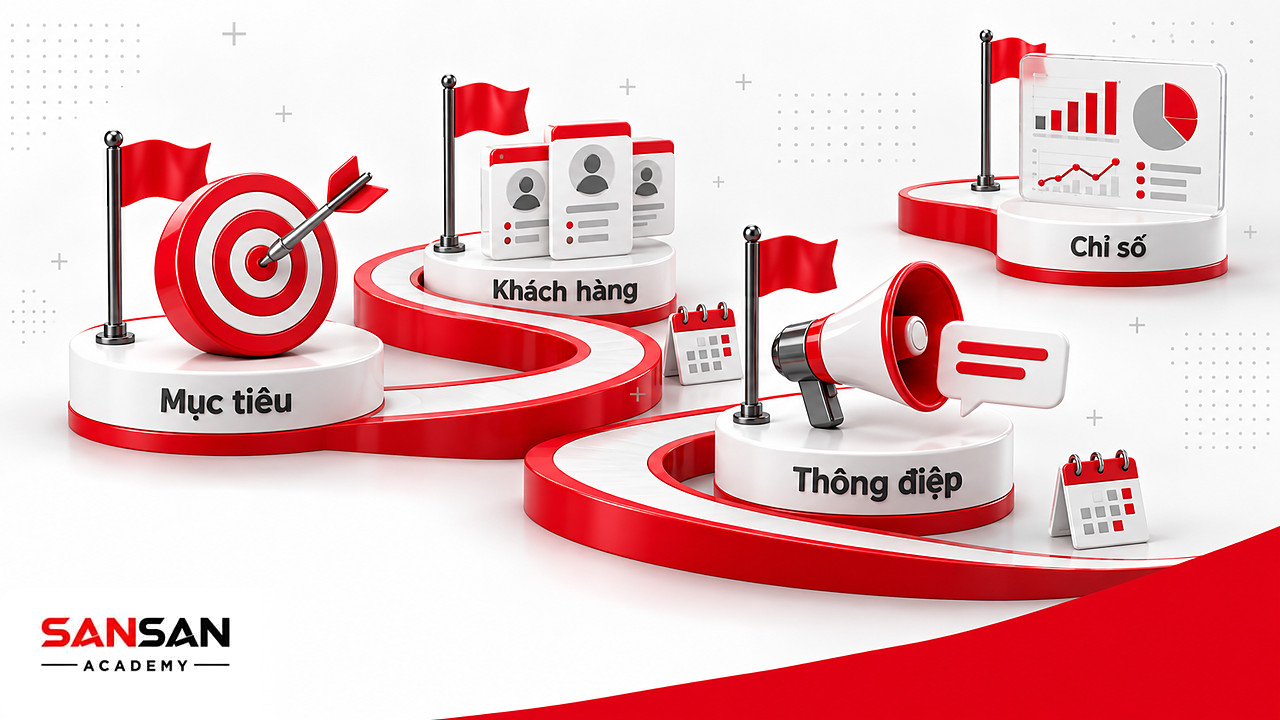Đường đi có cờ mốc từ mục tiêu, khách hàng, thông điệp đến chỉ số trong kế hoạch của Brand Manager.