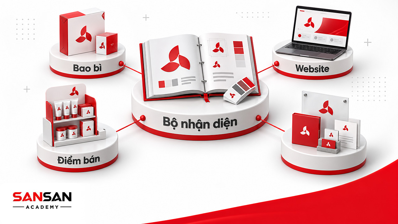 Bộ nhận diện ở tâm nối với bao bì, website và kệ điểm bán, cho thấy Brand Manager giữ thương hiệu nhất quán.