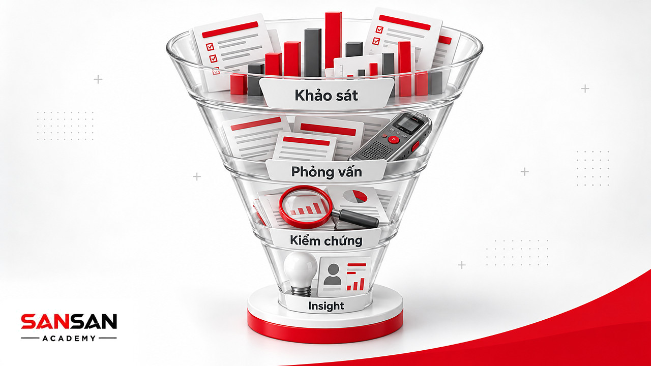 Phễu bốn tầng đi từ khảo sát, phỏng vấn, kiểm chứng đến bóng đèn insight mà Brand Manager tìm kiếm.