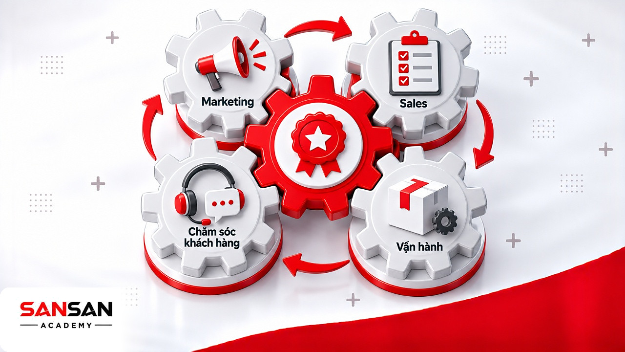 Bánh răng ăn khớp giữa Marketing, Sales, chăm sóc khách hàng và vận hành quanh lời hứa Branding