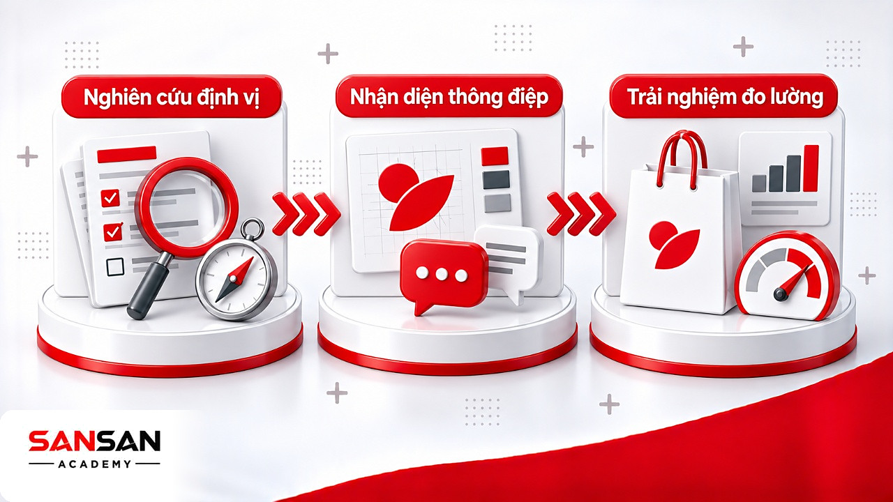 Dòng chảy ba chặng của quy trình Branding từ nghiên cứu, định vị đến nhận diện, trải nghiệm và đo lường