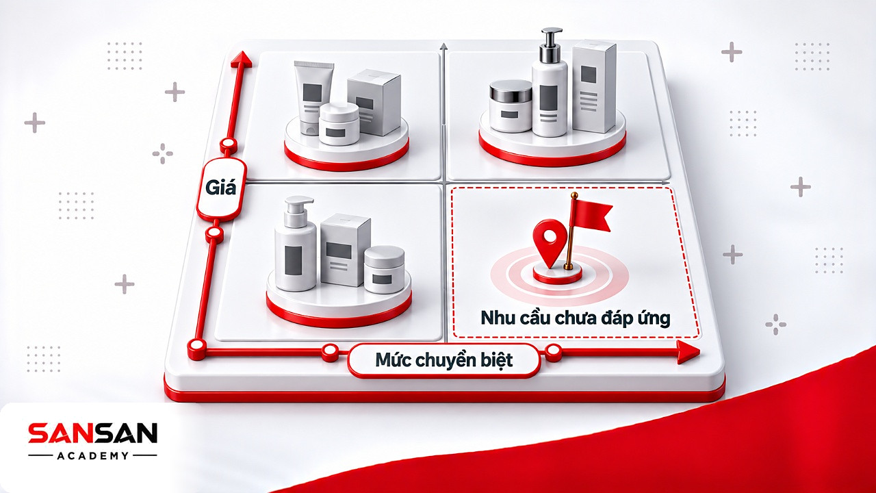 Ma trận định vị thương hiệu trong Branding với ô trống là nhu cầu khách hàng chưa được đáp ứng