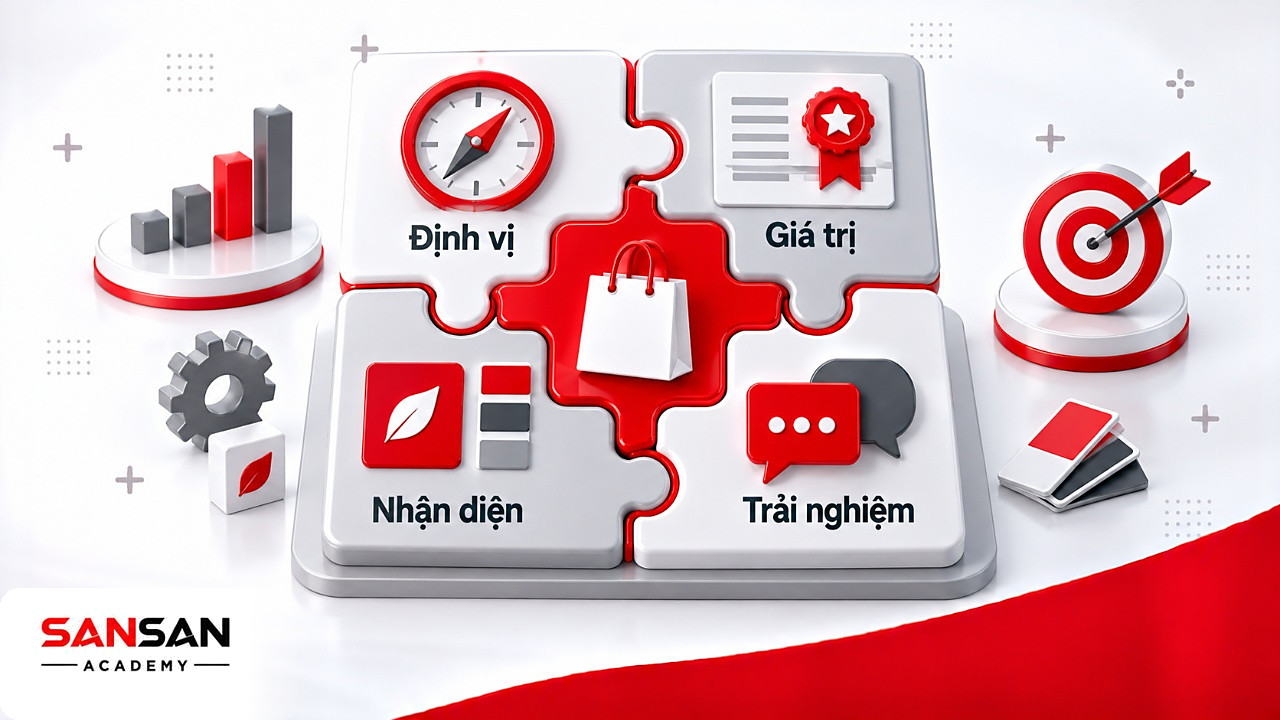 Mảnh ghép năm yếu tố cốt lõi trong Branding gồm định vị, giá trị, nhận diện, tiếng nói và trải nghiệm