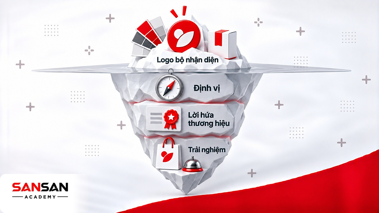 Tảng băng chìm cho thấy Logo chỉ là phần nổi của Branding, bên dưới là định vị, lời hứa và trải nghiệm