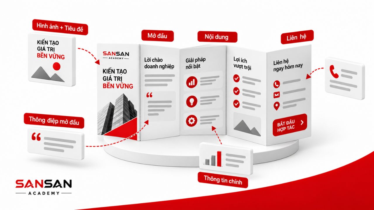Brochure chia thành mặt bìa, mở đầu, nội dung chính và phần liên hệ