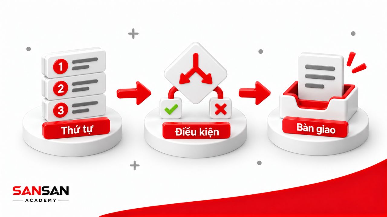 Thứ tự, điều kiện và bàn giao định hình logic Workflow
