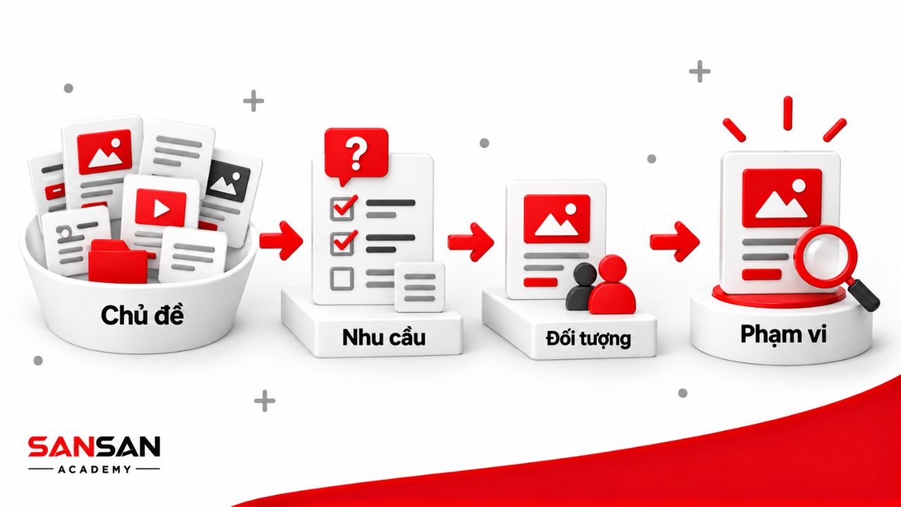 Từ nhiều chủ đề, xác định nhu cầu, đối tượng và phạm vi đánh giá.