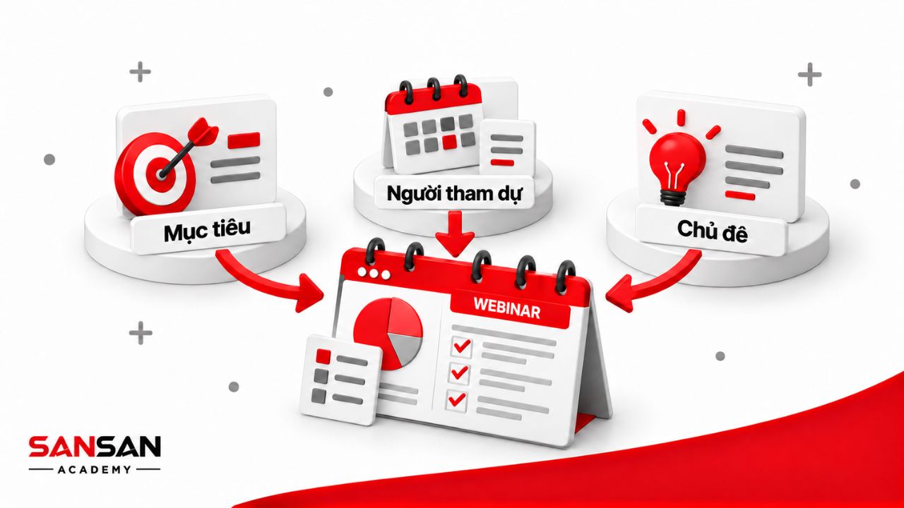 Ba yếu tố cần xác định trước webinar gồm mục tiêu, người tham dự và chủ đề.