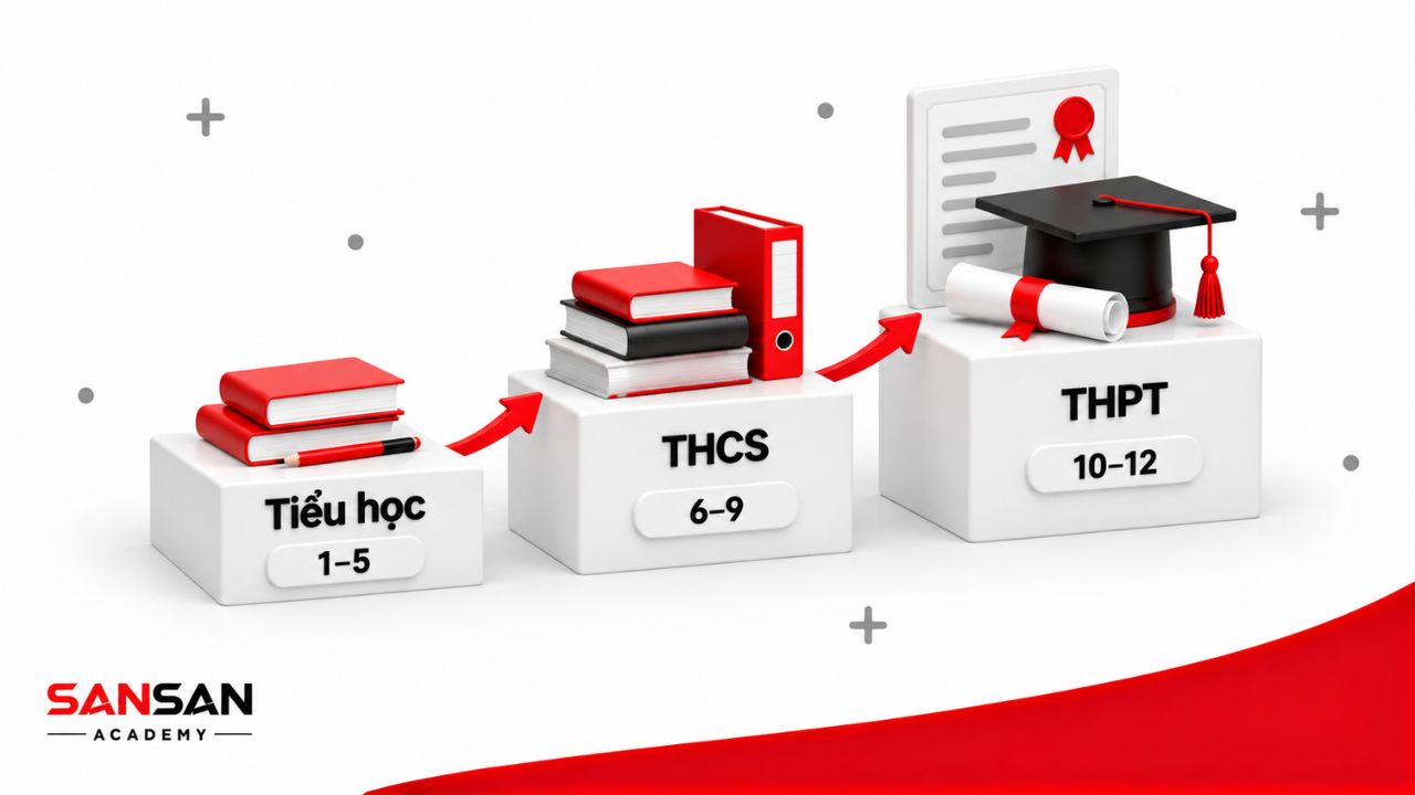 Ba cấp phổ thông gồm tiểu học, THCS và THPT