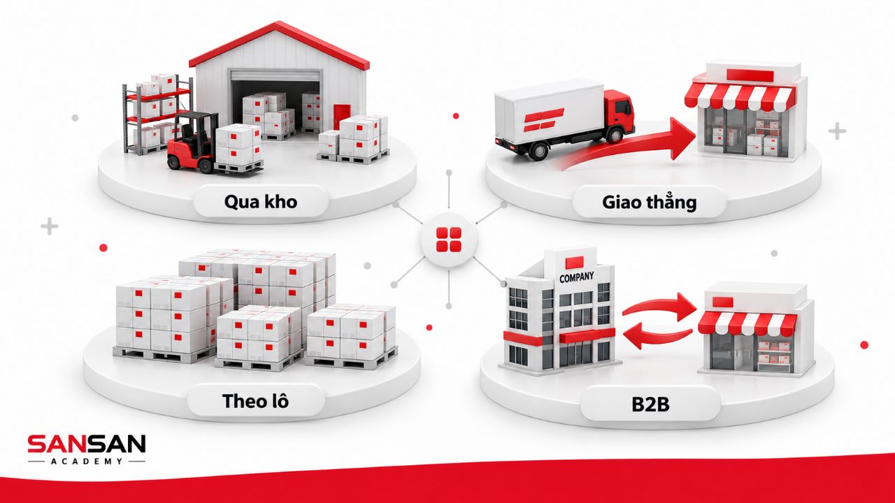 Ma trận minh họa bán buôn qua kho, giao thẳng, theo lô và giao dịch B2B