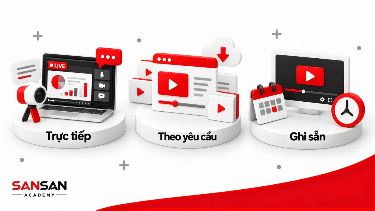 Ba hình thức webinar trực tiếp, xem theo yêu cầu và ghi sẵn.