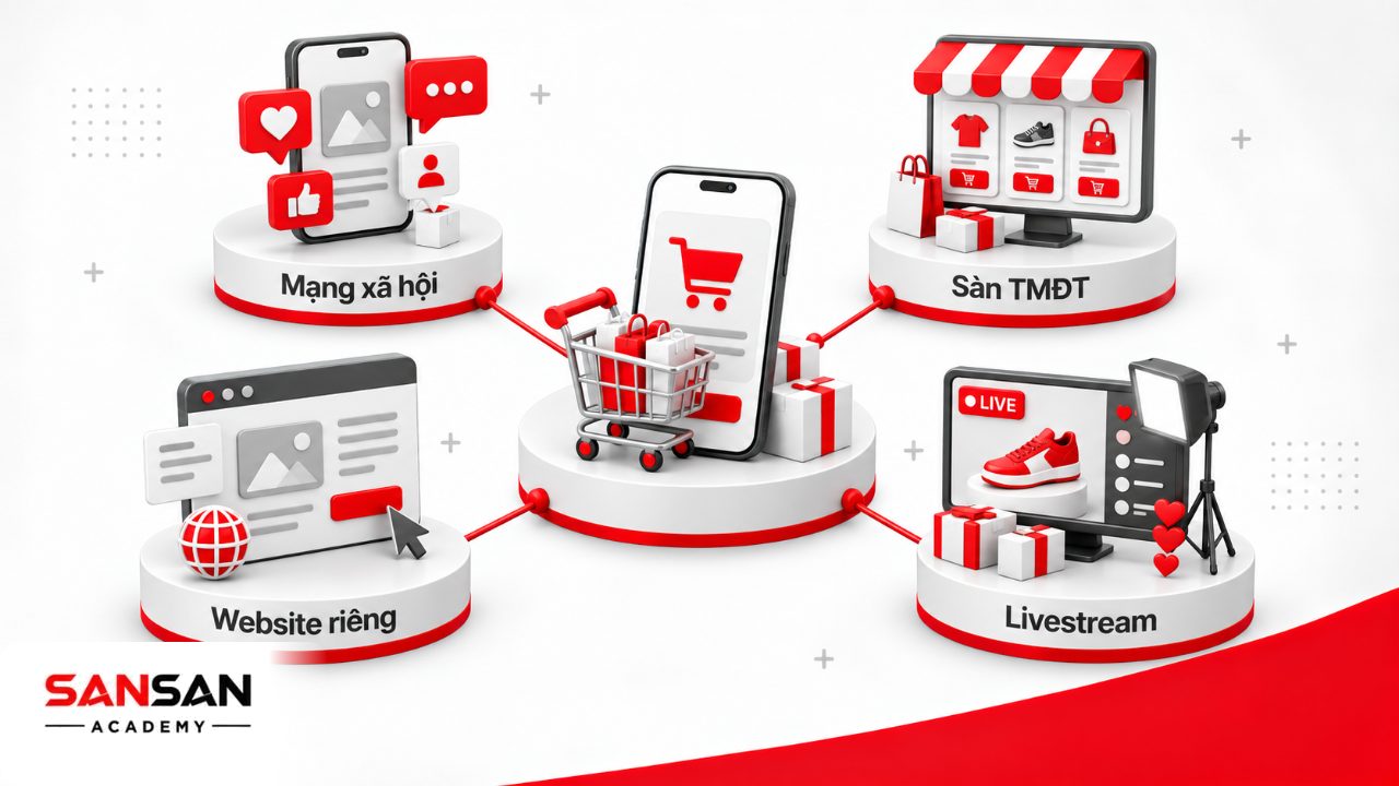 Các kênh bán hàng online phổ biến gồm mạng xã hội, sàn thương mại điện tử, website riêng và livestream.