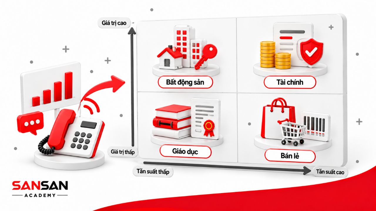 Các lĩnh vực sử dụng telesale như giáo dục, tài chính, bảo hiểm, bất động sản và bán lẻ