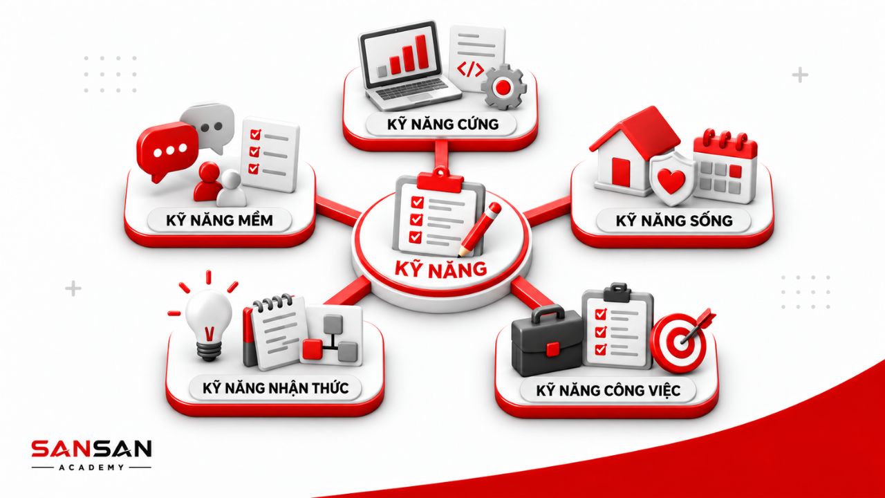 Các nhóm kỹ năng cứng, mềm, sống, nhận thức và công việc