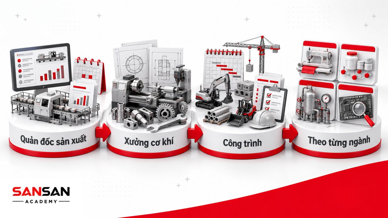 Các loại quản đốc phổ biến gồm quản đốc sản xuất, xưởng cơ khí, công trình và các ngành sản xuất chuyên biệt.