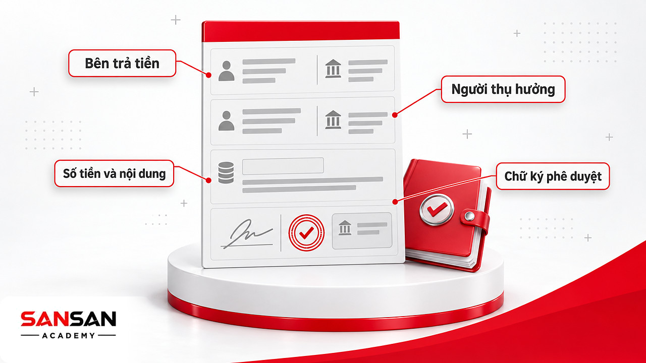Giấy ủy nhiệm chi có chú thích các phần bên trả tiền, người thụ hưởng, số tiền, nội dung và chữ ký phê duyệt