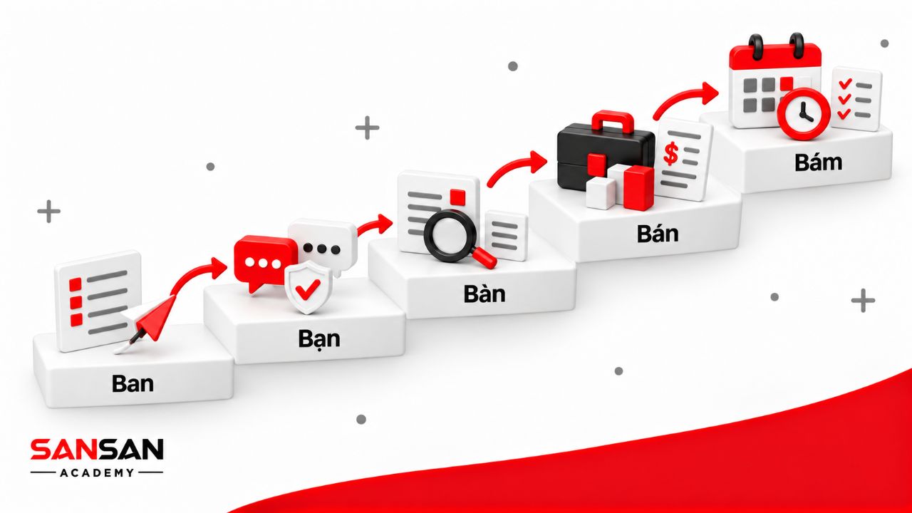 Bậc thang năm bước Ban, Bạn, Bàn, Bán và Bám thể hiện tiến trình áp dụng công thức bán hàng 5B