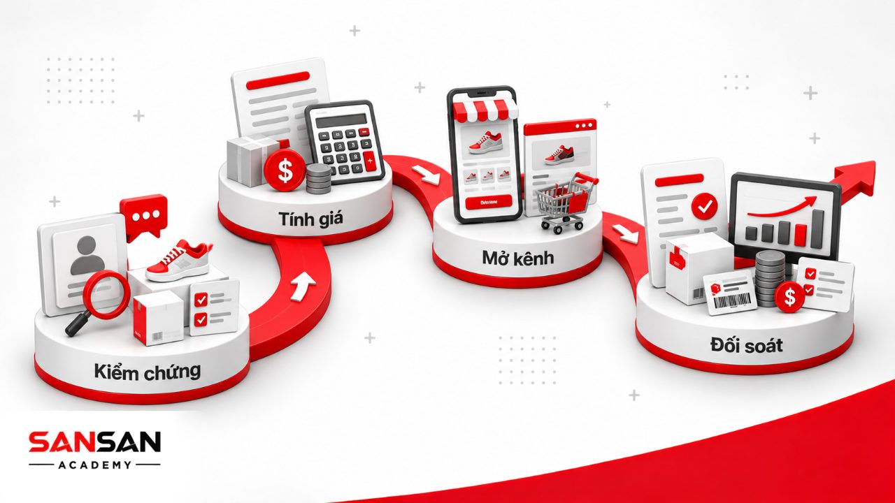 Quy trình bán hàng online cho người mới từ kiểm chứng nhu cầu, tính giá, thiết lập kênh đến xử lý đơn và đối soát tiền.