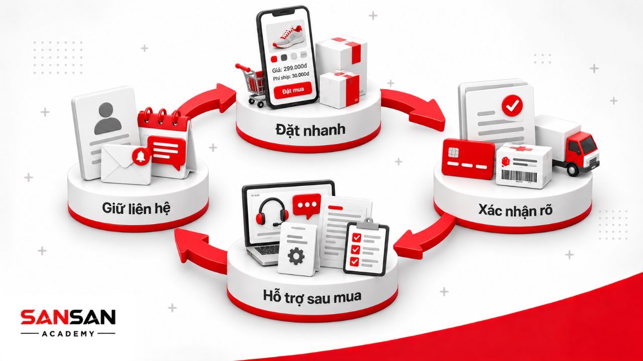 Bán hàng online hiệu quả hơn nhờ rút ngắn thao tác đặt mua, xác nhận đơn rõ ràng và chăm sóc khách sau mua.