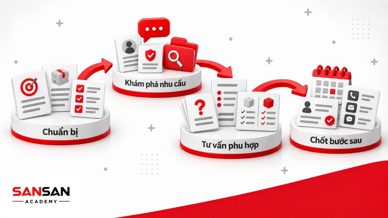 Quy trình giao tiếp với khách hàng từ chuẩn bị, mở lời, khám phá nhu cầu, tư vấn đến thống nhất hành động tiếp theo.