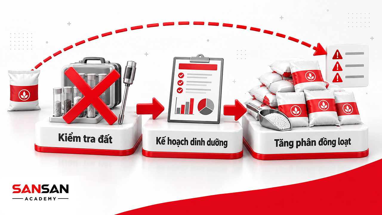 Bậc kiểm tra đất bị gạch đỏ, mũi tên nét đứt nhảy thẳng tới đống bao phân, bài học từ Cách mạng xanh