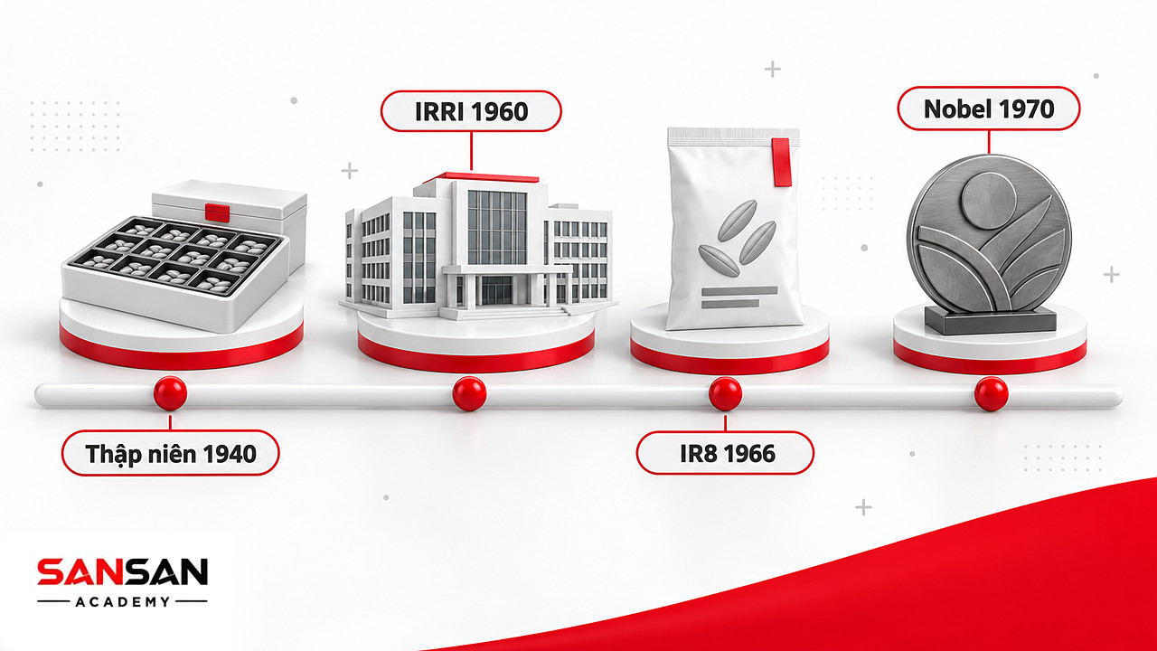 Dòng thời gian bốn mốc từ thập niên 1940, IRRI 1960, giống IR8 1966 tới giải Nobel 1970 của Cách mạng xanh