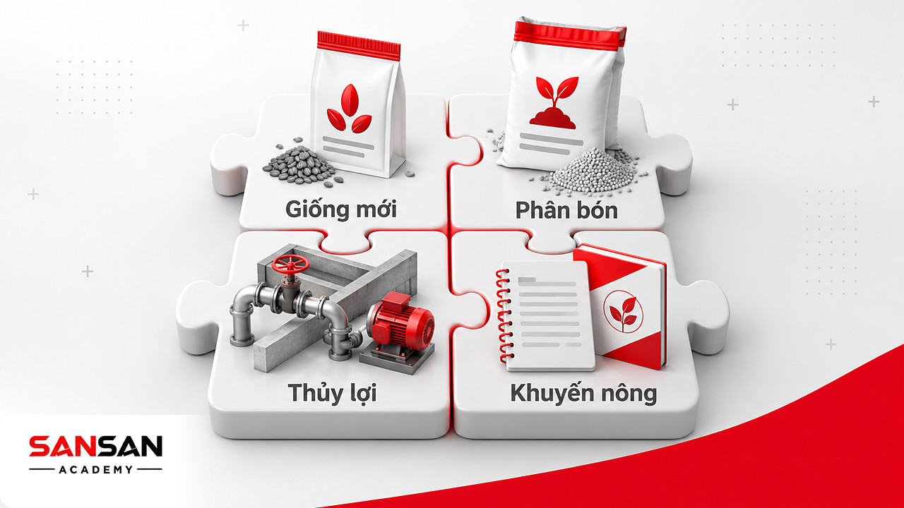 Bốn mảnh ghép giống mới, phân bón, thủy lợi và khuyến nông khớp thành một khối trong Cách mạng xanh