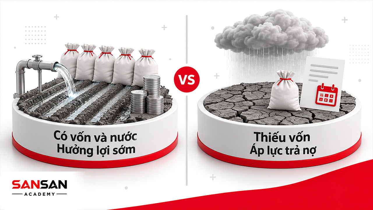 Hai nửa bảng: ruộng có nước và vốn bên trái, ruộng nứt và giấy vay nợ bên phải, chênh lệch hưởng lợi từ Cách mạng xanh