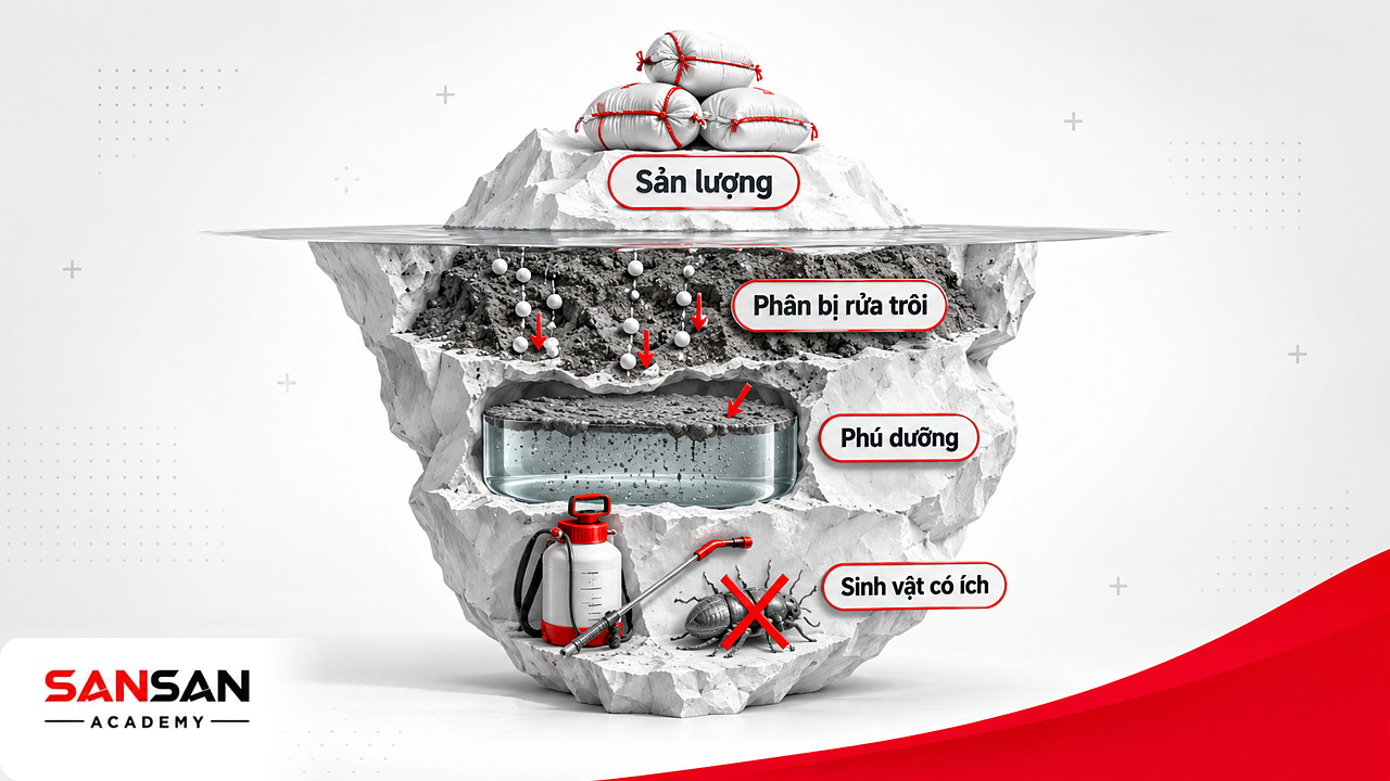 Tảng băng với bao lúa ở trên, phân rửa trôi, ao phú dưỡng và bình phun thuốc ở dưới, mặt trái của Cách mạng xanh