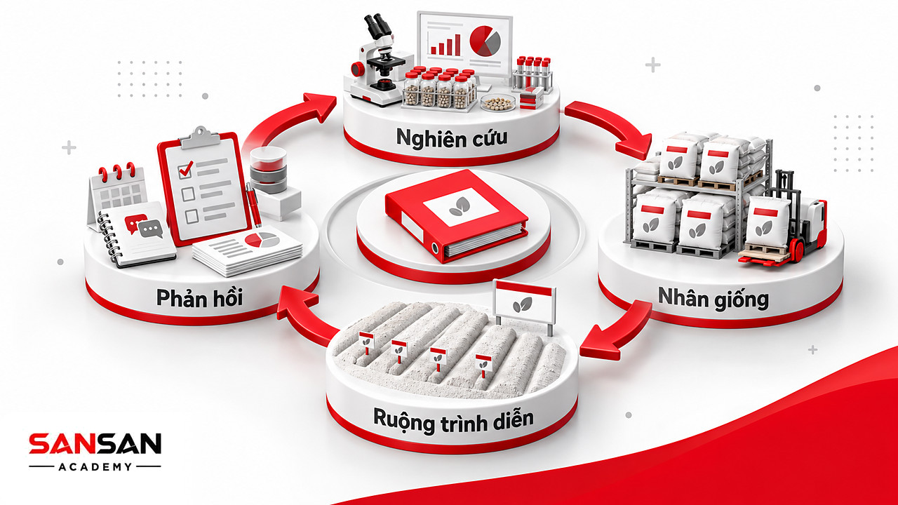 Vòng tròn từ phòng nghiên cứu, kho nhân giống, ruộng trình diễn tới sổ phản hồi trong Cách mạng xanh