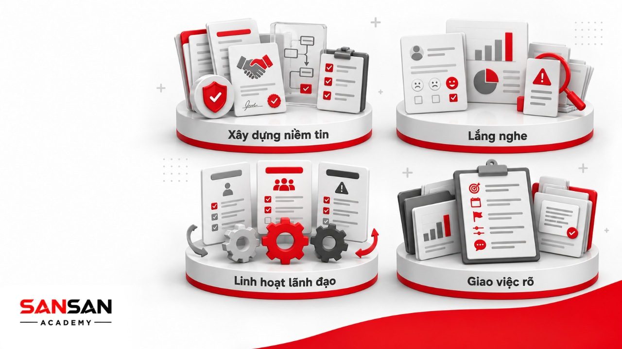 Cách quản lý nhân viên hiệu quả bằng làm gương, xây niềm tin, lắng nghe, chọn phong cách lãnh đạo và giao việc phản hồi rõ ràng.