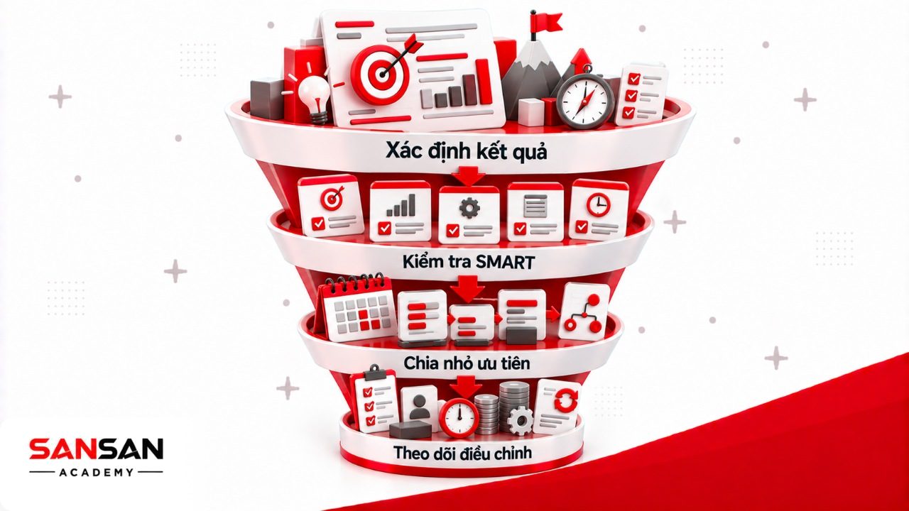 Cách thiết lập mục tiêu ngắn hạn và dài hạn bằng xác định kết quả, nguyên tắc SMART, chia nhỏ cột mốc và theo dõi điều chỉnh.