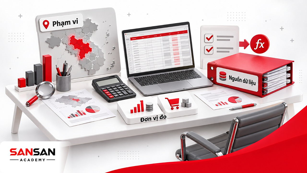 Bàn làm việc với máy tính bỏ túi, bản đồ phạm vi thị trường, nguồn dữ liệu và bảng tính để chuẩn bị tính thị phần.