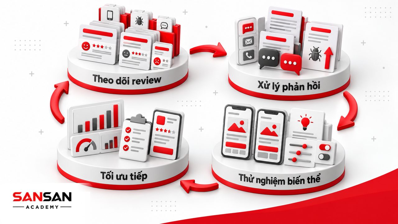 Nửa sau quy trình tối ưu ASO gồm theo dõi đánh giá, xử lý phản hồi, A/B testing và đọc kết quả để tiếp tục tối ưu.
