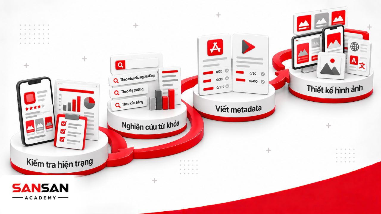 Các bước đầu tối ưu ASO gồm kiểm tra trang hiện tại, nghiên cứu từ khóa, viết metadata và thiết kế nội dung hình ảnh theo từng cửa hàng.