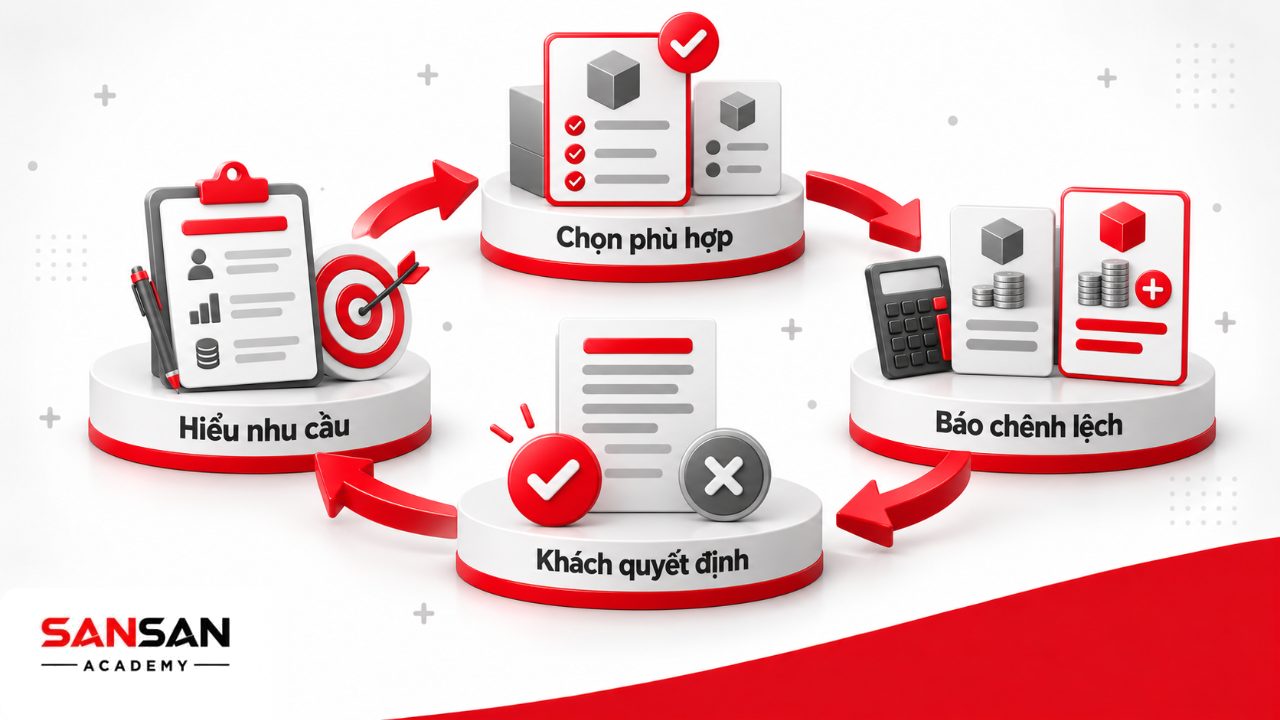 Quy trình upsell hiệu quả từ xác định nhu cầu, chọn sản phẩm phù hợp, báo chênh lệch giá đến xác nhận quyết định khách hàng.