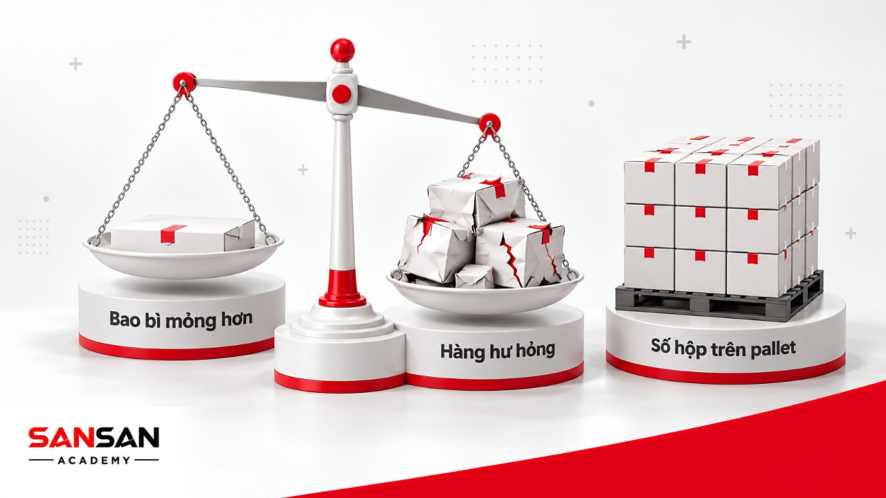Cán cân giữa hộp bao bì mỏng hơn và đống hộp móp hư hỏng khi thiết kế chuỗi cung ứng xanh