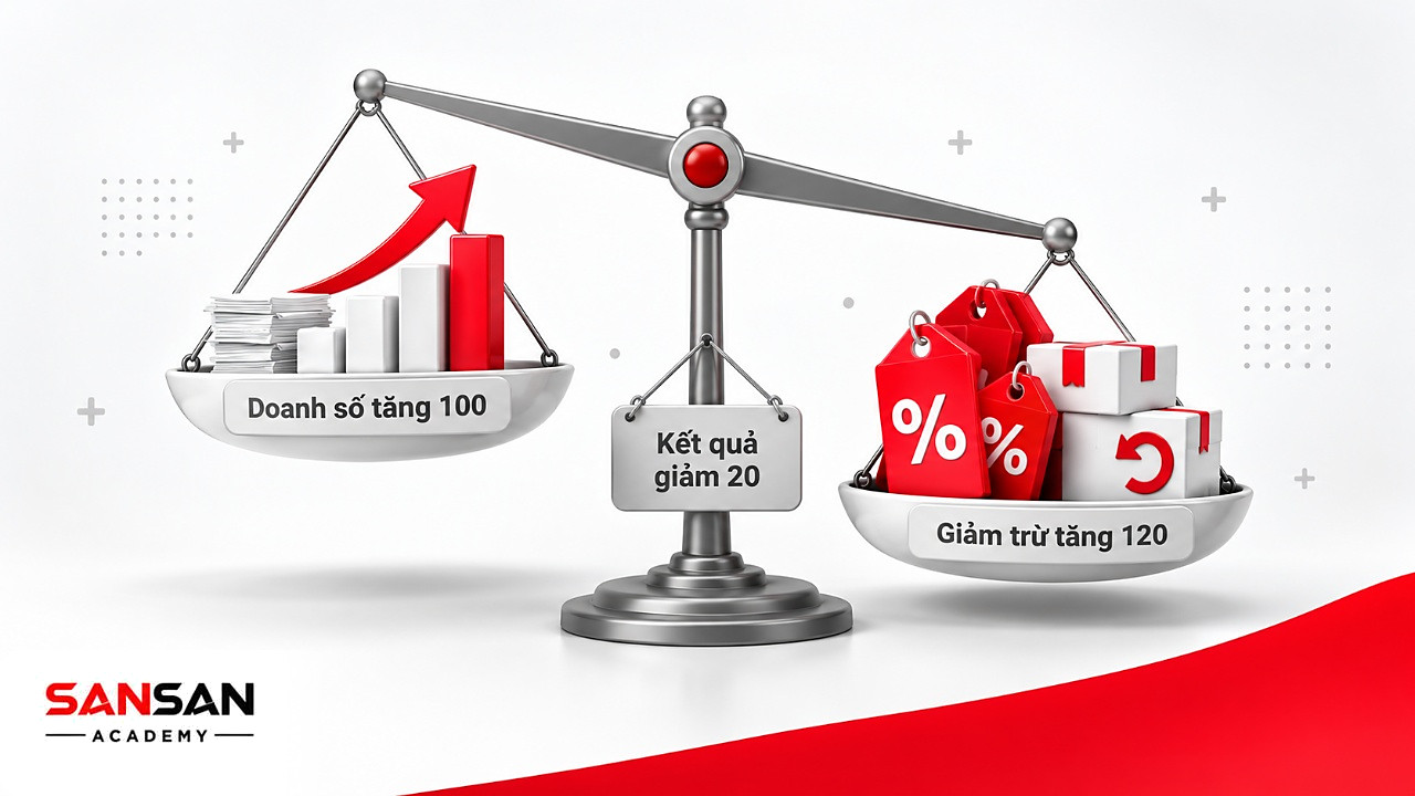 Cán cân doanh thu thuần: doanh số tăng 100 triệu nhưng giảm trừ tăng 120 triệu nên kết quả giảm 20 triệu