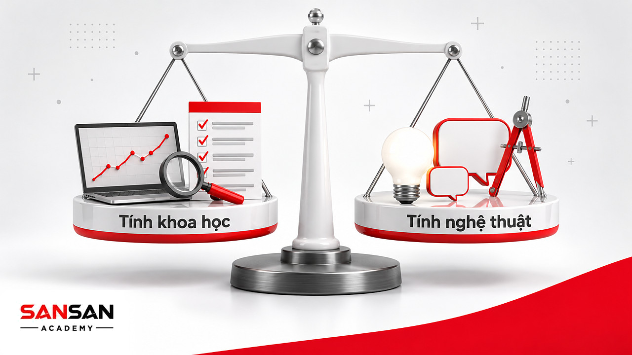 Cán cân thăng bằng giữa biểu đồ dữ liệu và bóng đèn, la bàn, thể hiện quản trị vừa khoa học vừa nghệ thuật