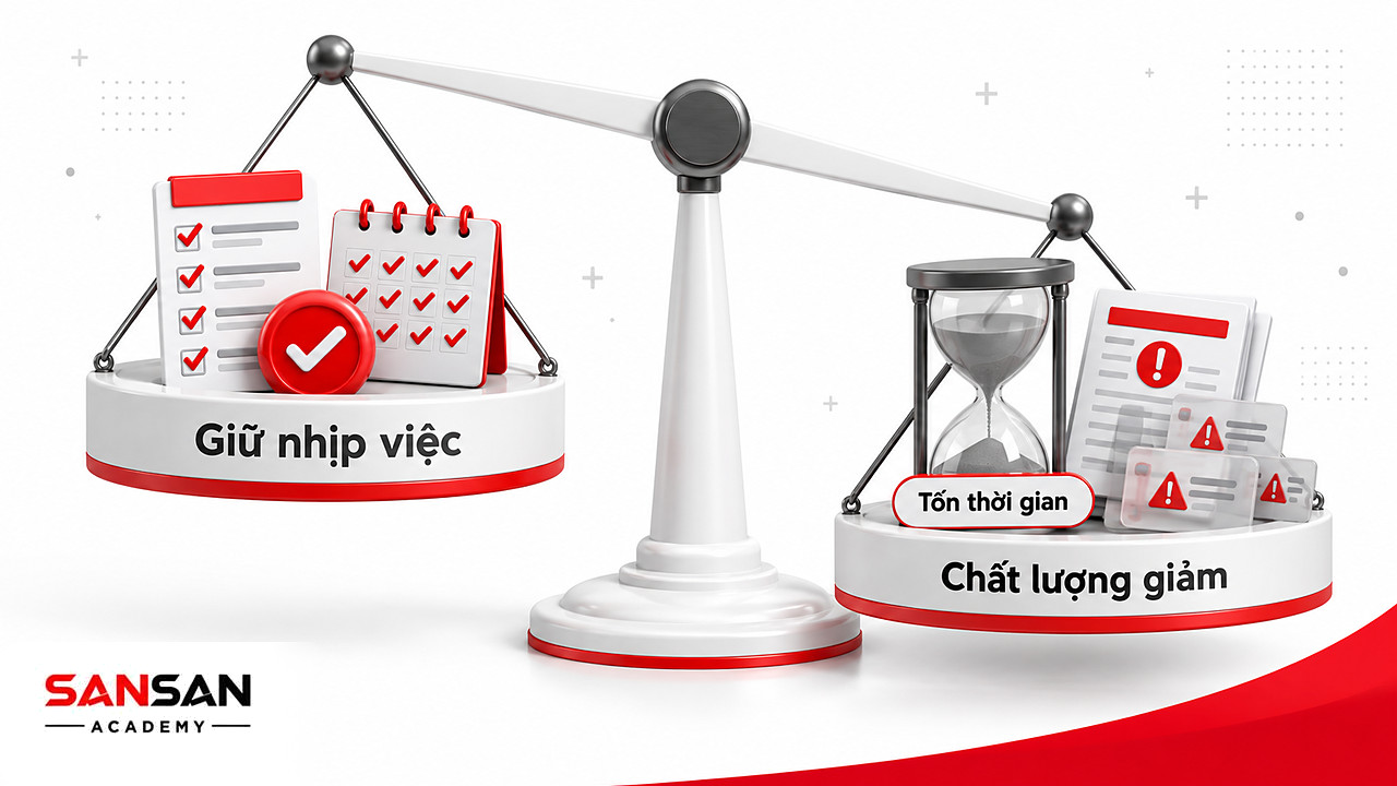 Cán cân lợi ích và giới hạn của multitasking: giữ nhịp công việc so với thời gian chuyển việc và chất lượng giảm.