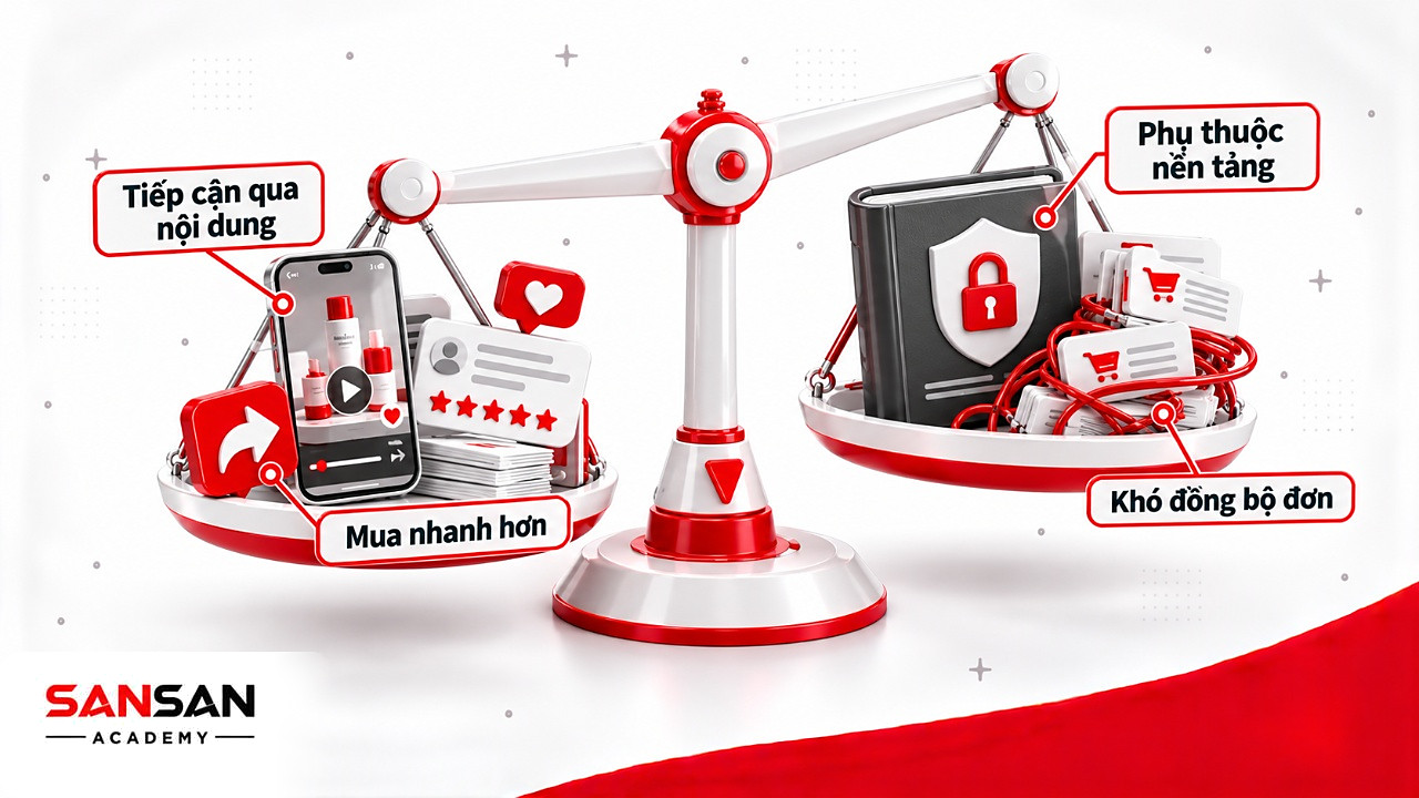 Cán cân lợi ích tiếp cận qua nội dung với hạn chế phụ thuộc nền tảng và khó đồng bộ đơn của Social Commerce