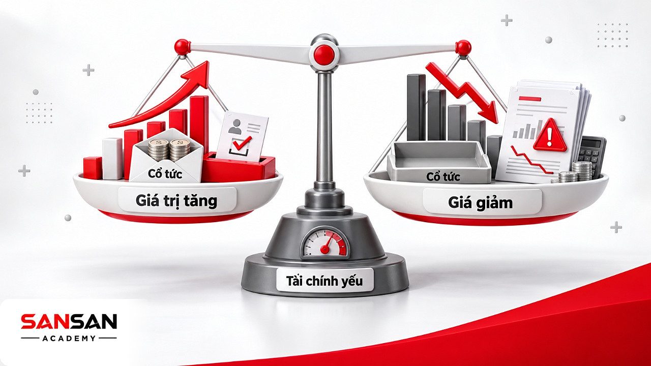 Cán cân lợi ích và rủi ro khi trở thành cổ đông: giá trị tăng, cổ tức so với giá giảm và tài chính yếu.
