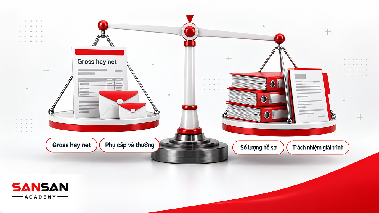 Cán cân đặt lương gross, net, phụ cấp, thưởng của kế toán thuế cạnh số hồ sơ và trách nhiệm giải trình